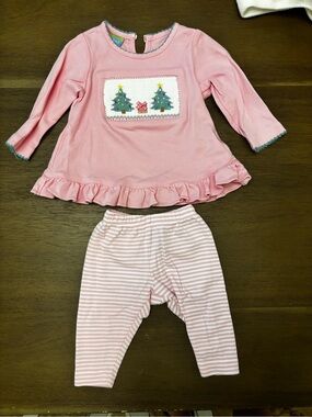 Girls Pink Holiday Set with Tree Smocking